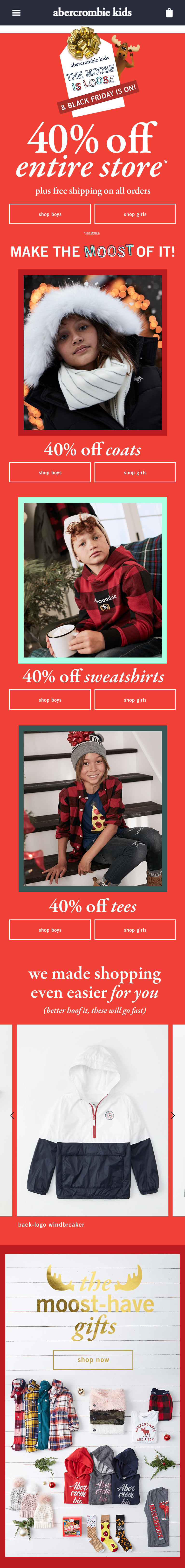 Abercrombie Kids black friday homepage at the mobile browser size.
