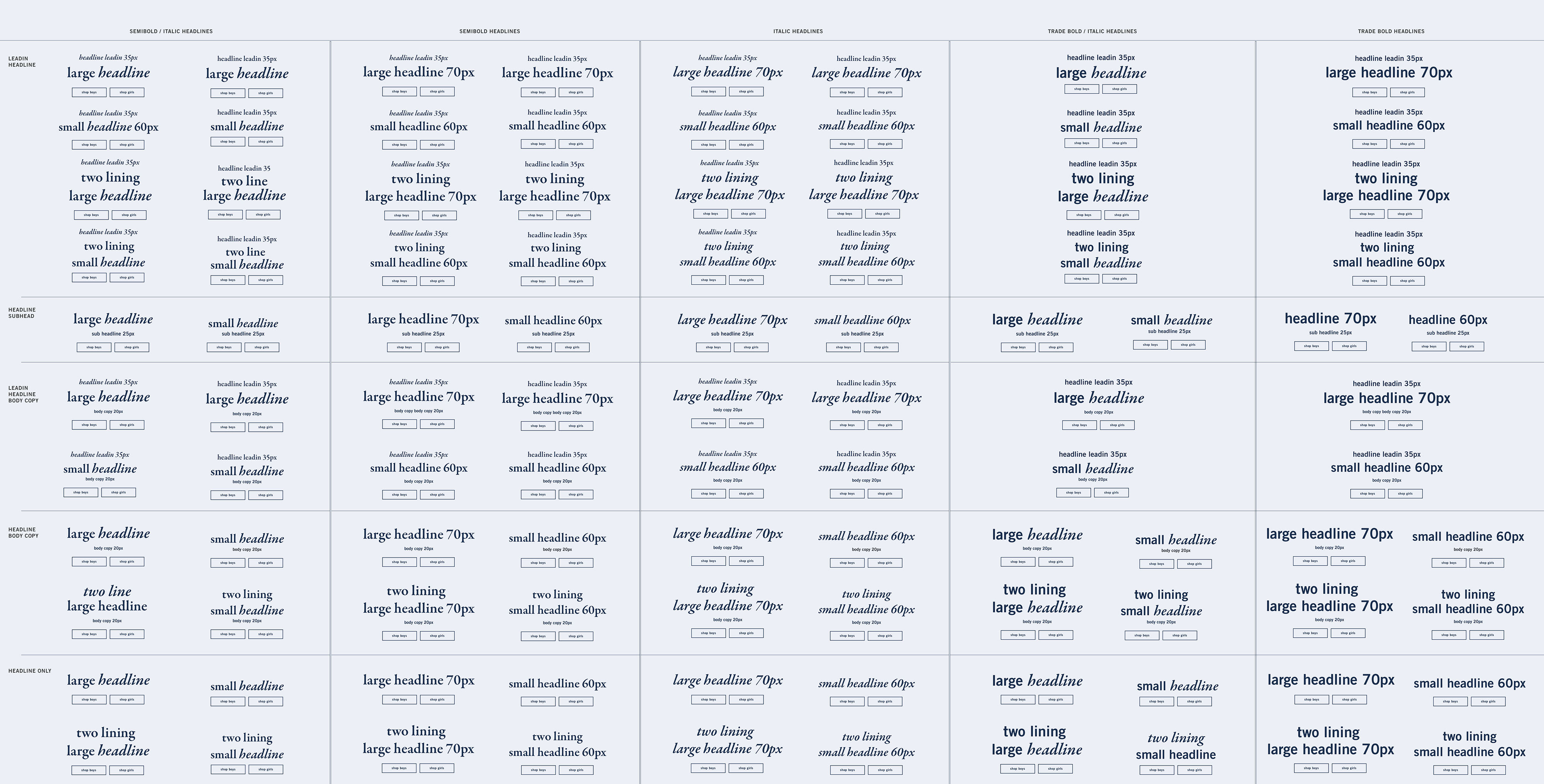Style guide showing all the possible combinations of desktop editorial atoms. Across the X axis of the diagram is all the headline styles, and across the y axis is all the stacking combinations with leadin, subhead, and body copy.