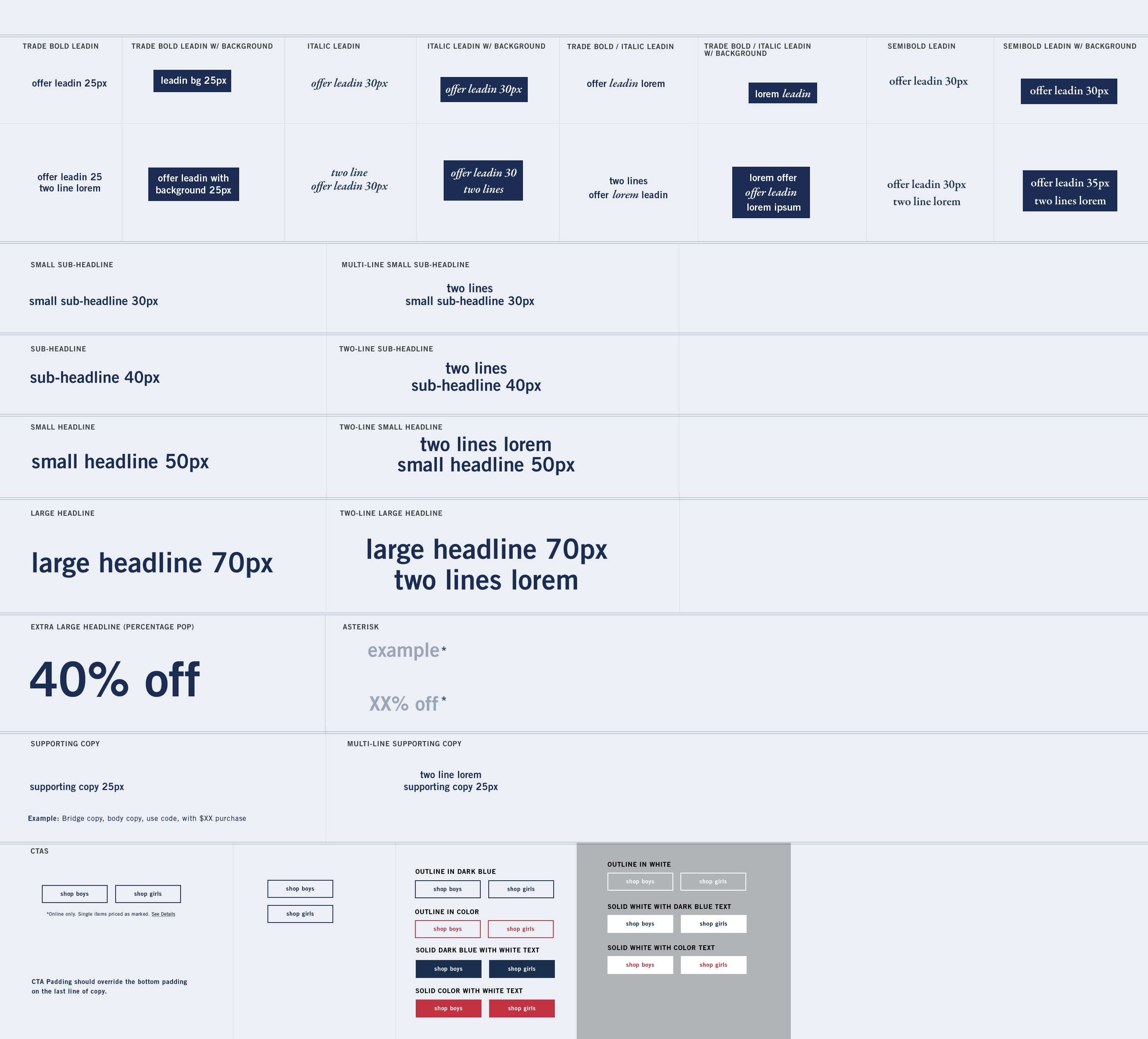 Style guide showing all the atoms that are possible in a desktop offer lockup. Starting with lead-ins, through headlines, to buttons.