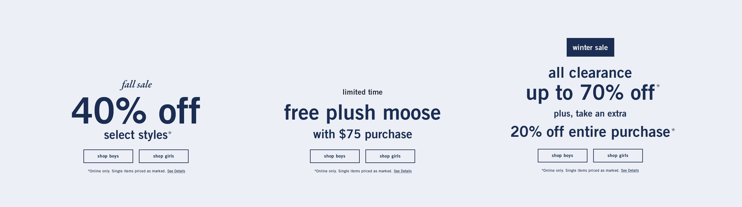 Three examples of how the offer atoms can be combined into molecules. One lockup is for a free plush moose with $75 purchase. Another one is more complex, combining two offers: Winter Sale all clearance up to 70% off, plus take an extra 20% off entire purchase.