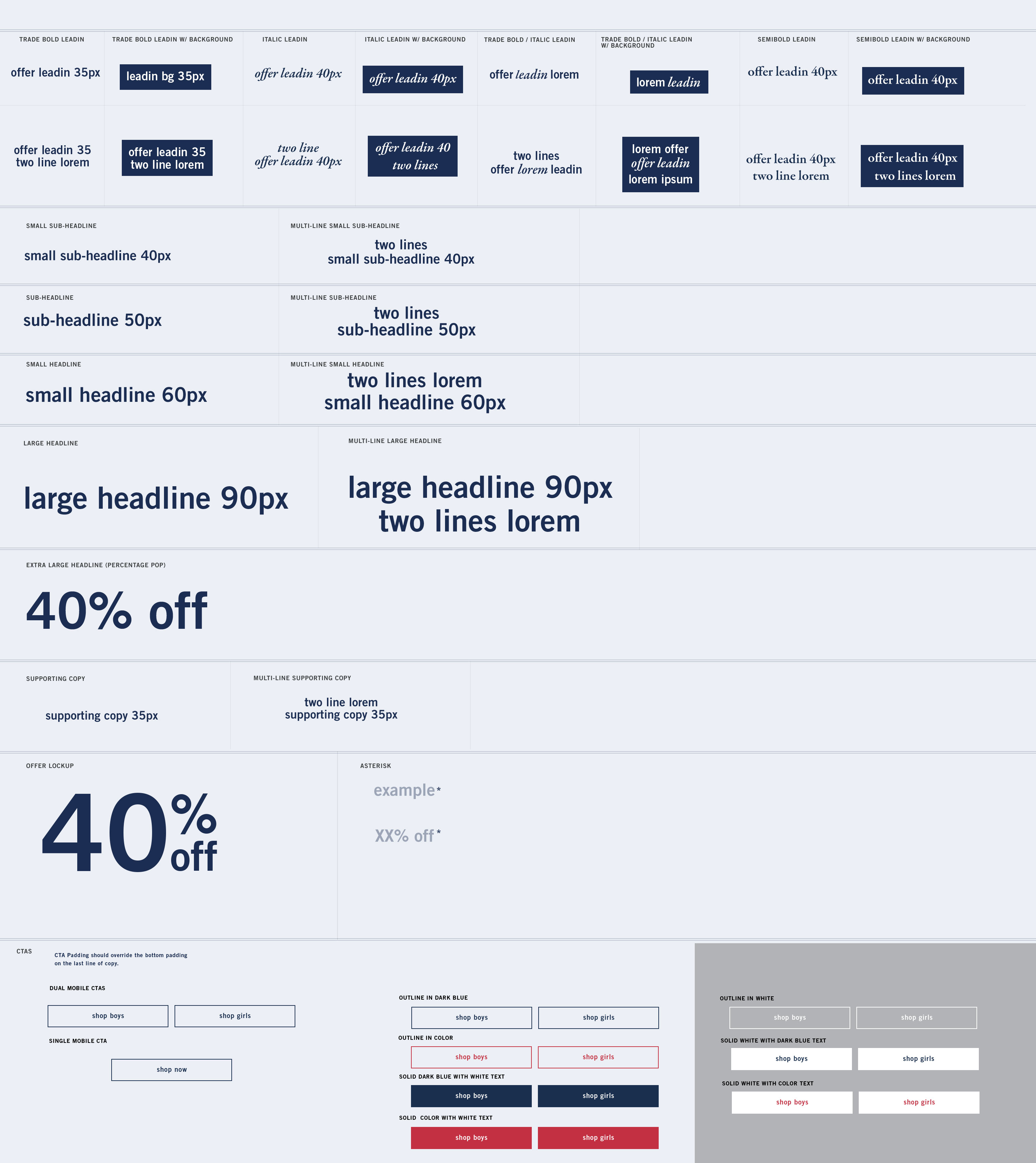 Mobile offer lockup atoms, listed with the leadin options at the top through the headlines and the buttons at the bottom.